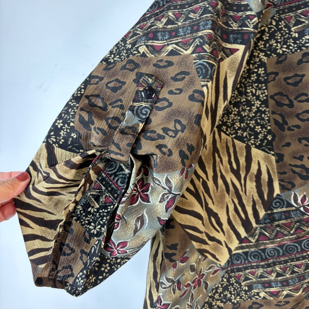 Donnkenny Woman Blouse Womens 22W Brown Patchwork Animal Print Roll Tab Sleeve - Picture 3 of 6